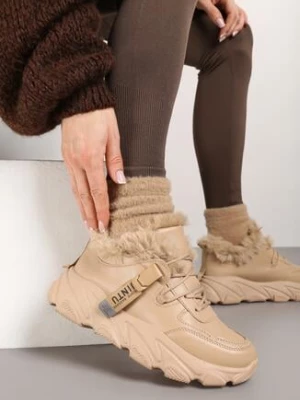 Ciemnobeżowe Ocieplane Sznurowane Sneakersy na Grubej Podeszwie z Ozdobnym Futerkiem Visha