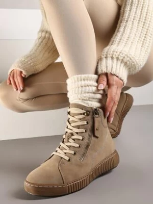 Ciemnobeżowe Ocieplane Traperki w Sportowym Stylu Olytasia