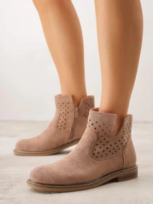 Ciemnobeżowe Płaskie Botki Sztyblety z Ażurowym Wzorem ze Skórzaną Wkładką Terisina