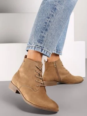 Ciemnobeżowe Płaskie Botki ze Sznurowaniem Erisette