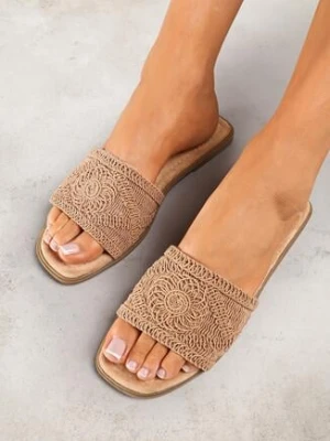 Ciemnobeżowe Płaskie Klapki z Plecioną Cholewką Evisha vices