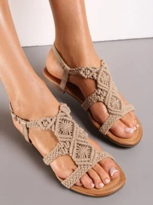 Zdjęcie produktu Ciemnobeżowe Płaskie Sandały Boho z Szydełkową Cholewką Wolirles Beżowy