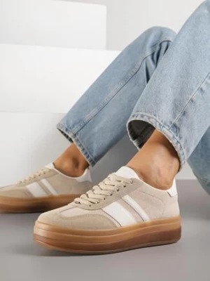 Ciemnobeżowe Płaskie Sneakersy Ozdobione Paskami Norili