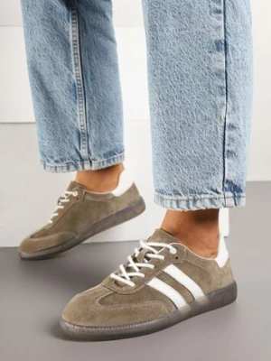 Ciemnobeżowe Płaskie Sneakersy ze Skóry Naturalnej z Ozdobnymi Paskami Nelarielis