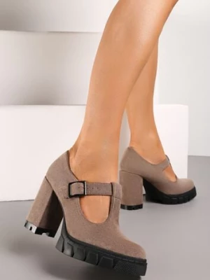 Ciemnobeżowe Półbuty na Słupku i Platformie ze Sprzączką i Wkładką ze Skóry Naturalnej Kaeilta