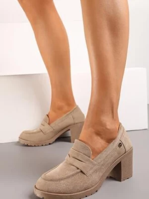 Ciemnobeżowe Półbuty na Słupku z Niską Platformą w Stylu Mokasynów z Imitacji Zamszu Aricandia