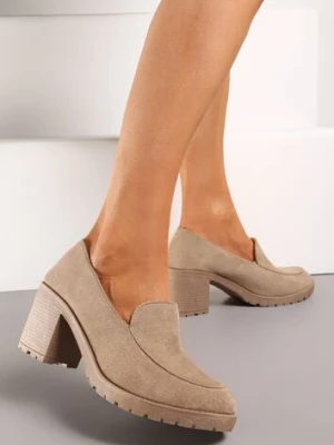 Ciemnobeżowe Półbuty w Stylu Mokasynów na Słupku i Niskiej Platformie Aridfana