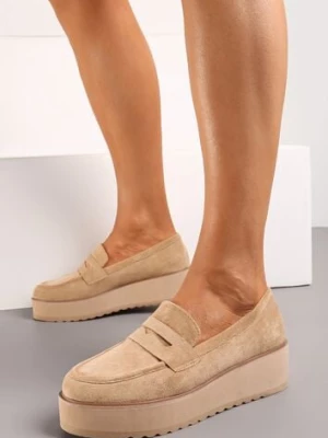 Ciemnobeżowe Półbuty w Stylu Mokasynów z Imitacji Zamszu na Platformie Vhisper