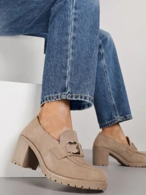 Ciemnobeżowe Półbuty z Ekozamszu na Słupku i Grubej Podeszwie z Metaliczną Klamrą Eyota