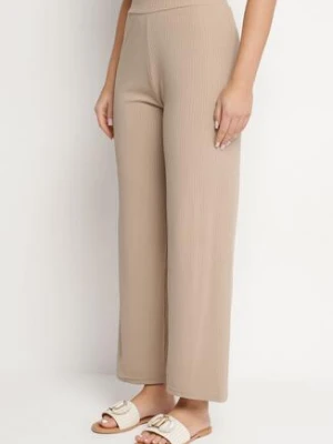 Ciemnobeżowe Prążkowane Spodnie Szerokie z Gumką w Pasie Drasia glo-story