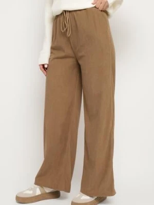 Ciemnobeżowe Prążkowane Spodnie z Szerokimi Nogawkami i Gumką w Pasie Itrulla defox