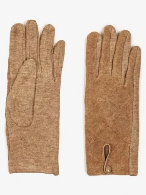 Ciemnobeżowe Rękawiczki z Bawełną Ozdobione Rombami i Guzikiem Fenemi