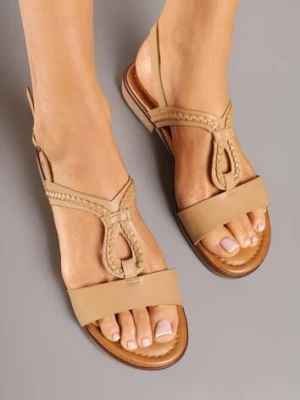 Ciemnobeżowe Sandały Boho z Plecionym Paseczkiem i Zapięciem na Sprzączkę Deliven mulanka