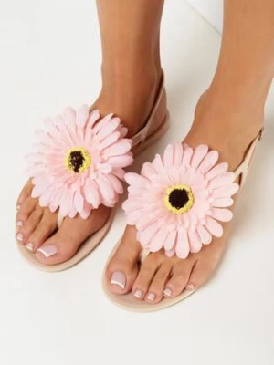 Ciemnobeżowe Sandały Japonki z Ozdobnym Kwiatem Navita