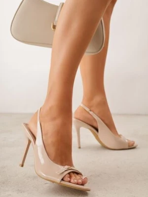 Ciemnobeżowe Sandały Lakierowane VICES na Szpilce Slingback z Metaliczną Klamrą Harmonia