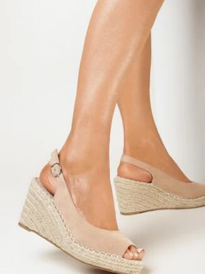 Ciemnobeżowe Sandały na Koturnie z Plecionki ze Sprzączką Lyana