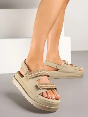 Ciemnobeżowe Sandały na Niskiej Platformie z Zapięciem na Rzep Zdobione Haftem Soreze givana