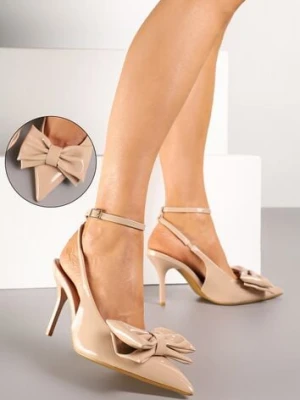 Ciemnobeżowe Sandały na Szpilce Vices z Dużą Kokardką Bez Pięty Velozia
