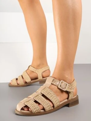 Ciemnobeżowe Sandały Ozdobione Plecionką Zapinane na Sprzączkę Liaseria c'm paris