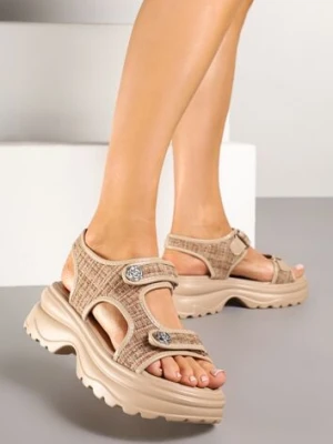 Ciemnobeżowe Sandały Tweedowe na Grubej Podeszwie Setania weide