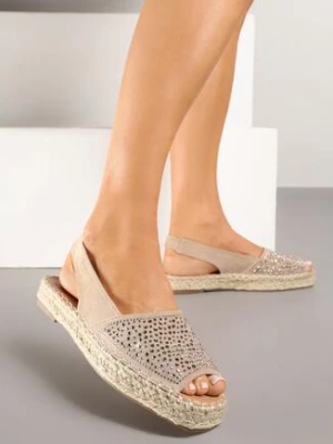 Ciemnobeżowe Sandały Typu Espadryle na Plecionej Podeszwie Zdobione Cyrkoniami Aneolena ideal