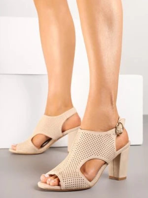 Ciemnobeżowe Sandały Vices na Słupkowym Obcasie z Ażurową Cholewką i Skórzaną Wkładką Obenea