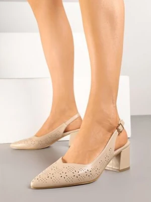 Ciemnobeżowe Sandały Vices na Słupku Slingback z Ażurową Cholewką i Skórzaną Wkładką Tiranis