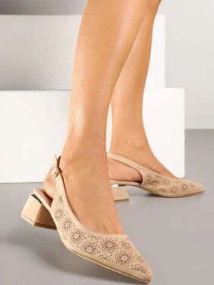 Ciemnobeżowe Sandały Vices na Słupku Slingback ze Skórzaną Wkładką i Metaliczną Ozdobą Ciariloria