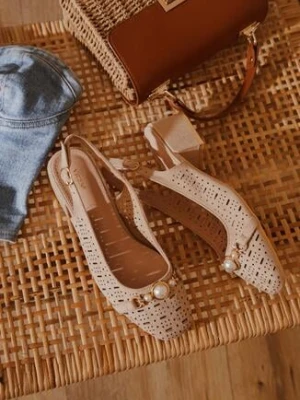 Ciemnobeżowe Sandały Vices na Słupku ze Skórzaną Wkładką i Ażurowymi Wycięciami Floredia