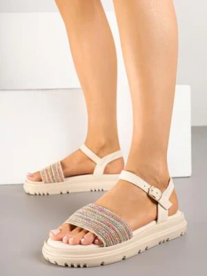 Ciemnobeżowe Sandały z Tweedowymi Zdobieniami z Metaliczną Nicią Volira marquiiz