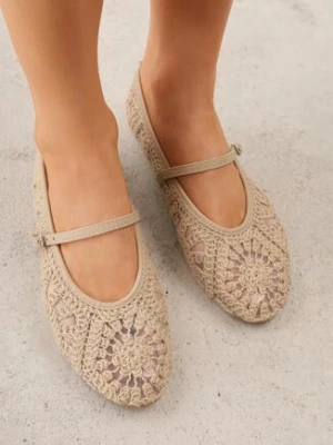 Ciemnobeżowe Siateczkowe Balerinki Boho z Paskiem z Klamerką Zdobione Plecionką Calironei