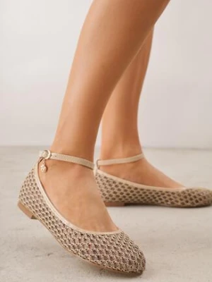 Ciemnobeżowe Siateczkowe Balerinki z Wkładką ze Skóry Naturalnej Ozdobione Aplikacją Adriarissa goodin