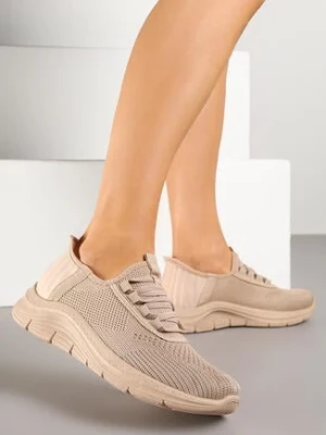 Ciemnobeżowe Siateczkowe Buty Sportowe Sneakersy Wsuwane z Ozdobnym Sznurowaniem Terelea