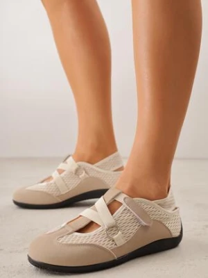 Ciemnobeżowe Siateczkowe Sneakersy w Stylu Balerinek z Paskiem na Rzep Talenate kang you