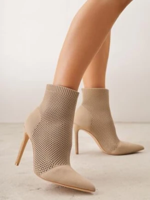 Ciemnobeżowe Skarpetkowe Botki VICES na Szpilce z Cholewką o Strukturalnym Splocie Lodinia