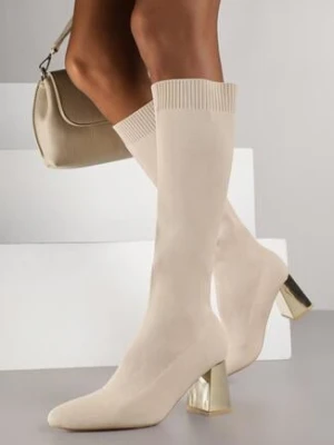 Ciemnobeżowe Skarpetkowe Kozaki VICES na Metalicznym Słupku Naluna