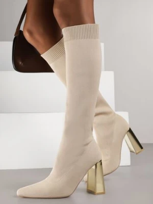 Ciemnobeżowe Skarpetkowe Kozaki Vices na Słupku z Metalicznym Połyskiem Tuvitte