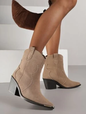 Ciemnobeżowe Skórzane Botki Kowbojki z Metaliczną Aplikacją na Nosku Saneara ideal