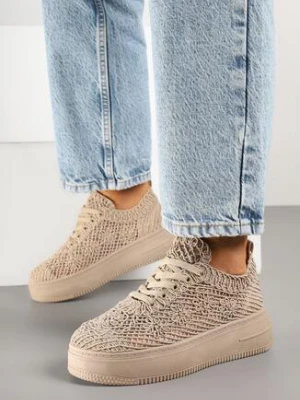 Ciemnobeżowe Sneakersy Ażurowe na Grubej Podeszwie Isodisa