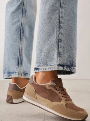 Ciemnobeżowe Sneakersy Basic z Imitacji Zamszu Ozdobione Przeszyciami Nethe Marquiiz Beżowy