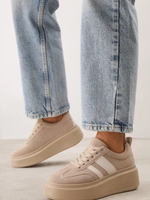 Ciemnobeżowe Sneakersy Klasyczne Tenisówki na Grubej Podeszwie z Koturnem Adessia Ideal Beżowy