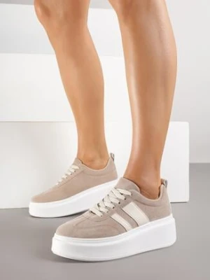Ciemnobeżowe Sneakersy Kultowe Tenisówki na Platformie z Koturnem Elisara