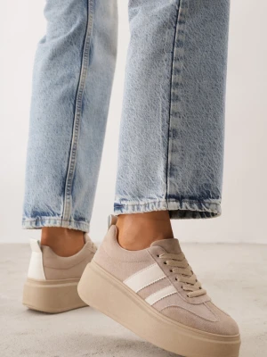 Ciemnobeżowe Sneakersy Kultowe Tenisówki na Platformie z Koturnem Elisara Ideal Beżowy