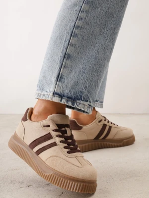 Ciemnobeżowe Sneakersy na Grubej Podeszwie Typu Tenisówki z Tłoczeniem i Paskami Kakitte Beżowy