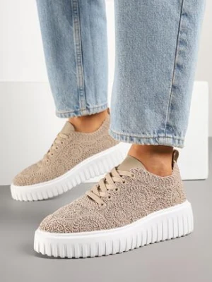 Ciemnobeżowe Sneakersy na Grubej Podeszwie z Ażurową Cholewką Ellisene
