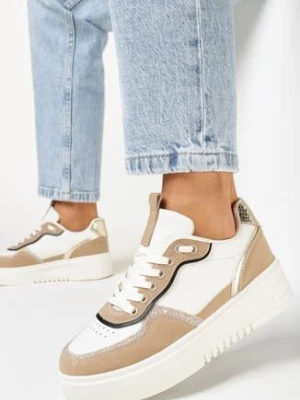 Ciemnobeżowe Sneakersy na Grubej Podeszwie z Brokatem Rowann