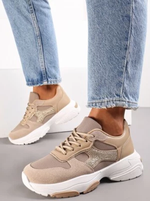 Ciemnobeżowe Sneakersy na Grubej Podeszwie z Brokatowymi Wstawkami Adilah