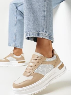 Ciemnobeżowe Sneakersy na Grubej Podeszwie z Brokatowymi Wstawkami Jakelina