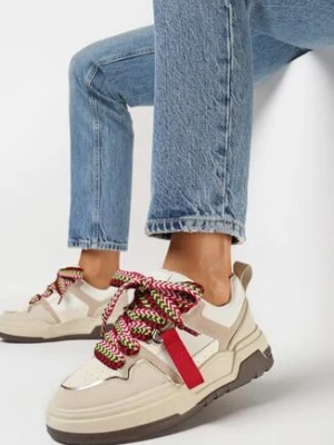 Ciemnobeżowe Sneakersy na Grubej Podeszwie z Ekoskóry ze Sznurowaniem Rositi