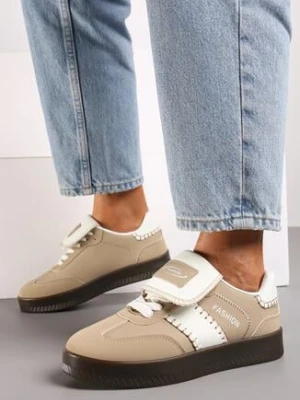 Ciemnobeżowe Sneakersy na Grubej Podeszwie z Kontrastującymi Wstawkami i Wywiniętym Językiem Mirinae